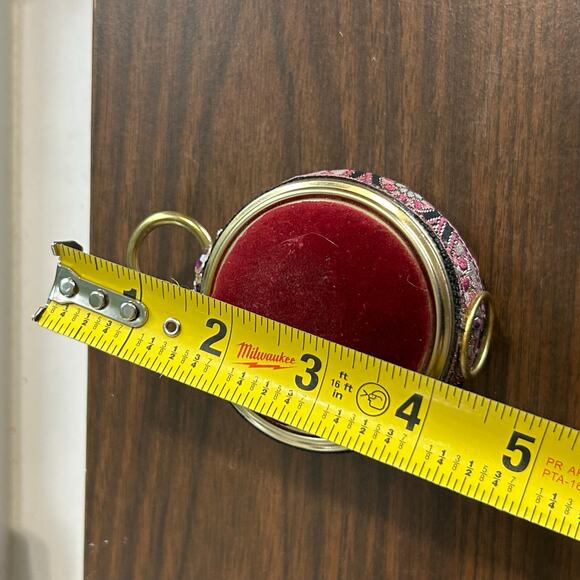 Vintage Red Velvet Pin Cushion with Brocade Trim and Jeweled Handle - Picture 5 of 5